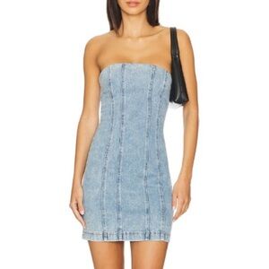 Asos Strapless Denim Mini Dress With Slit Hem